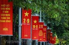 Calles de Hanoi adornadas con banderas nacionales y flores en saludo al Día Nacional