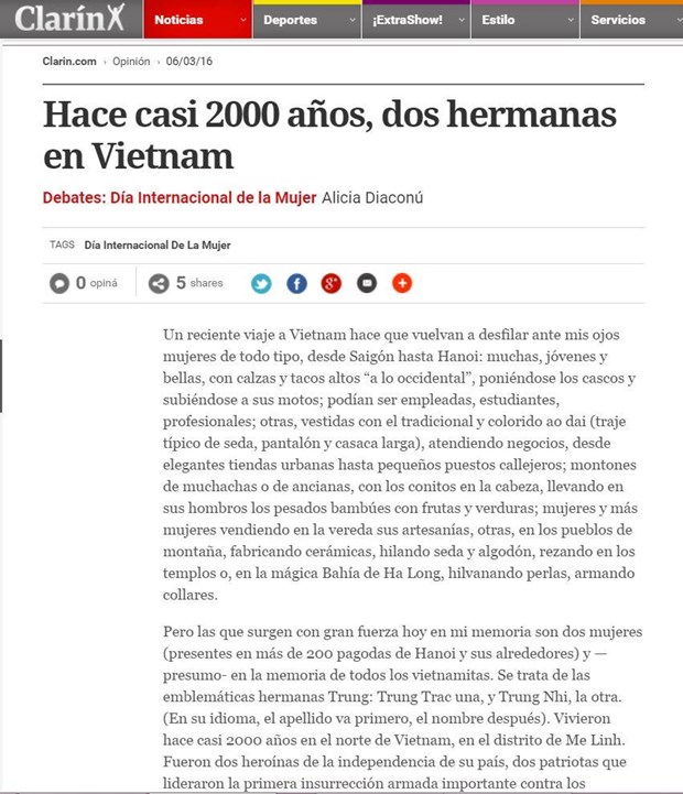 Prensa argentina destaca las heroinas hermanas vietnamitas Trung hinh anh 1