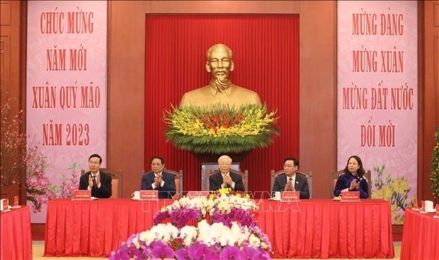 Secretario general del PCV felicita a dirigentes del Partido y Estado por Tet hinh anh 3